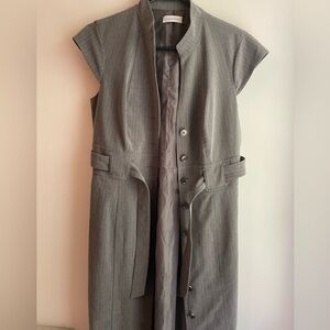 Women's Calvin Klein Gray Striped Button Up Tied Dress Sleeveless Office Size 8